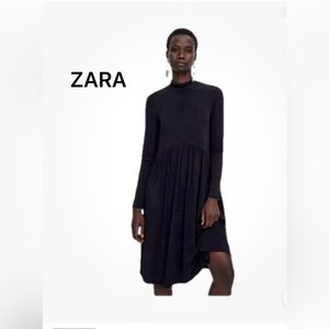 Zara Long Sleeves Clear Top Black Gathered Large MIDI/Maxi Dress